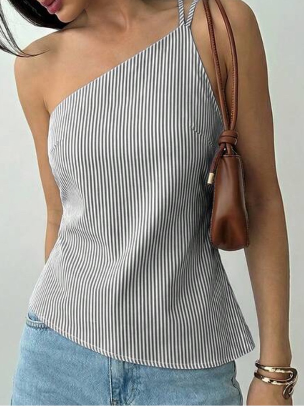 Asymmetric Pinstripe One-Shoulder Top - Gray/White